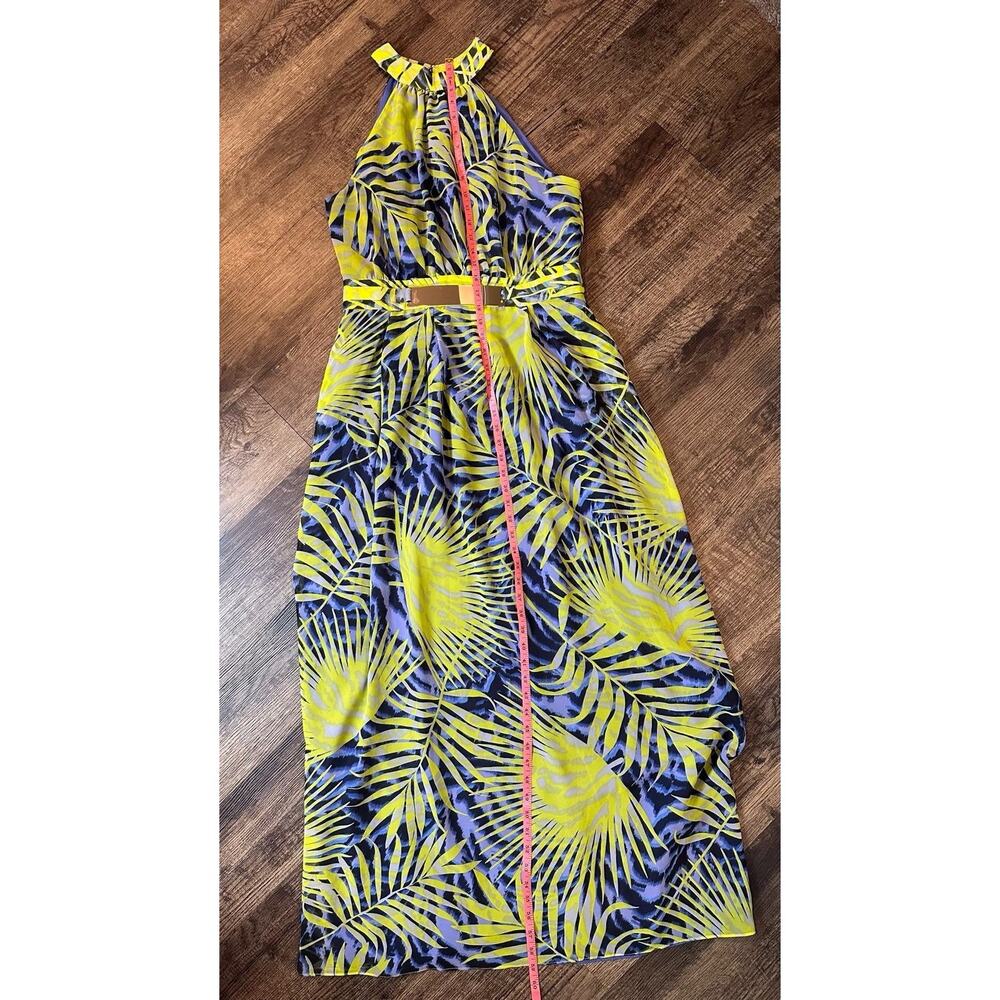 GUESS by Marciano Womens L Tropical Halter Maxi Dress Gold Belt Blue Yellow - Picture 5 of 13